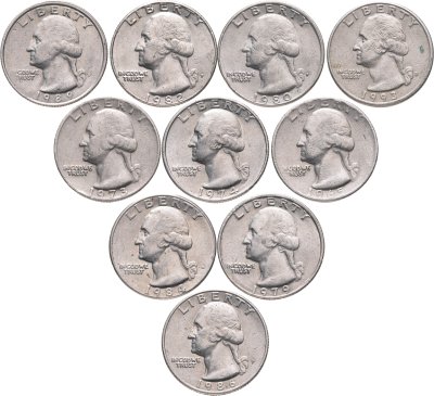 купить США набор из 10 монет 25 центов (квотер, 1/4 доллара, quarter dollar) 1965-1993