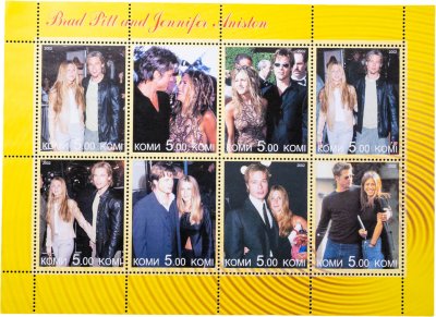 купить Марки квартблок "Знаменитости. Личности. Актеры. Бред Питт и Дженнифер Энистон" 2002