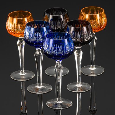 купить Набор бокалов для вина на 6 персон, украшенных резным орнаментом, хрусталь, алмазная грань, Echt Bleikristall, Германия, 1970-1990 гг.