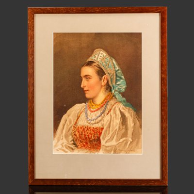 купить Хромолитография по картине "Русская молодица" в раме, автор акварели Степан Федорович Александровский, Артистическое заведение А.Ф. Маркса, бумага, печать, картон, стекло, Российская империя, 1893 г.