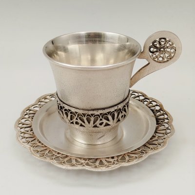 купить Пара кофейная, украшенная ажурным декором, мельхиор (медь-никель), Мстерская художественная фабрика «Ювелир», СССР, 1970-1980 гг.
