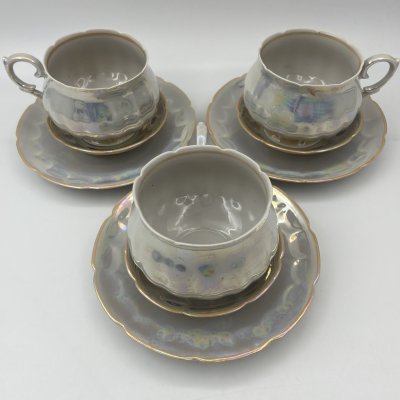 купить Набор для подачи чая на 3 персоны перламутрового оттенка (9 предметов), фарфор, люстр, Октябрьский фарфорово-фаянсовый завод, СССР, 1964-1991 гг.