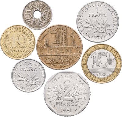купить Франция набор из 7 монет 5, 10 сантимов, 1/2, 2, 10 франков 1927-1989