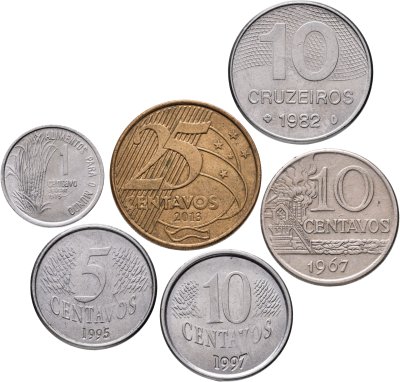 купить Бразилия набор из 6 монет 1, 5, 10, 25 сентаво и 10 крузейро 1967-2013