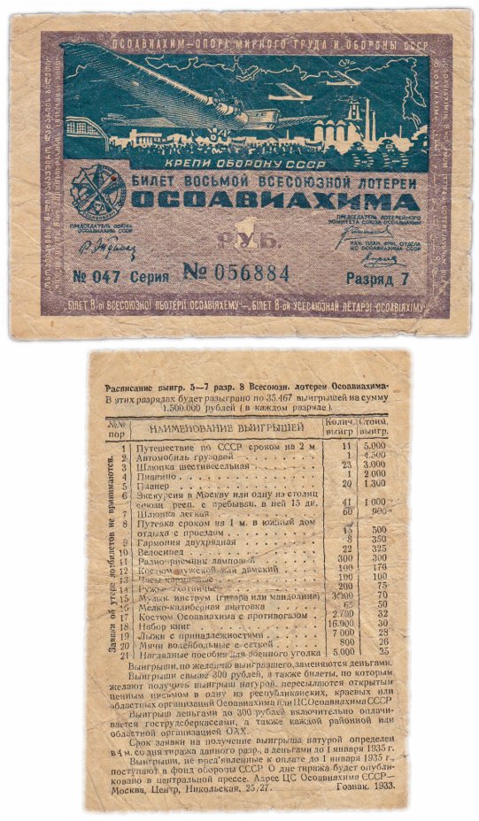 купить Лотерейный Билет Восьмой Всесоюзной Лотереи ОСОАВИАХИМА 1 рубль 1933 (разряд 7)