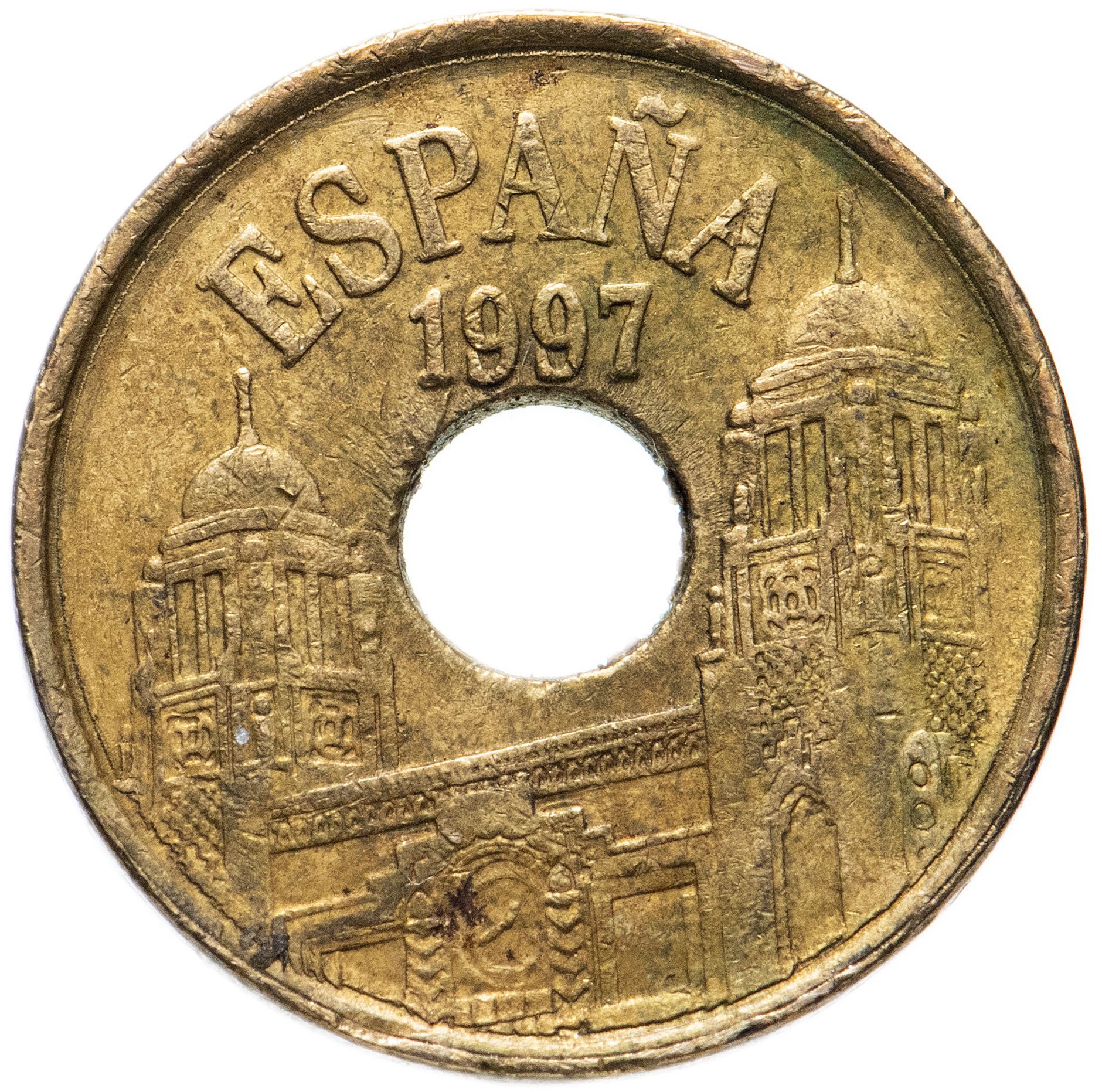 Монеты с отверстием. Испания песеты монеты. Испания 25 песет 1992. Монеты Испании 25 песет с дыркой. Монеты Испания 25 птас.