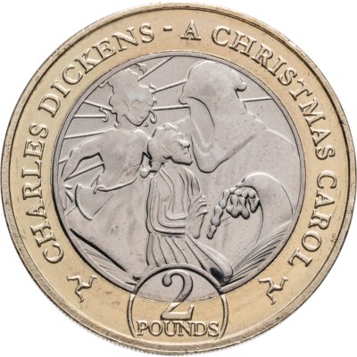 купить Остров Мэн 2 фунта (pounds) 2020 "Ч. Диккенс, Рождественская песнь в прозе -Скрудж и призраки прошедшего и наступающего Рождества"