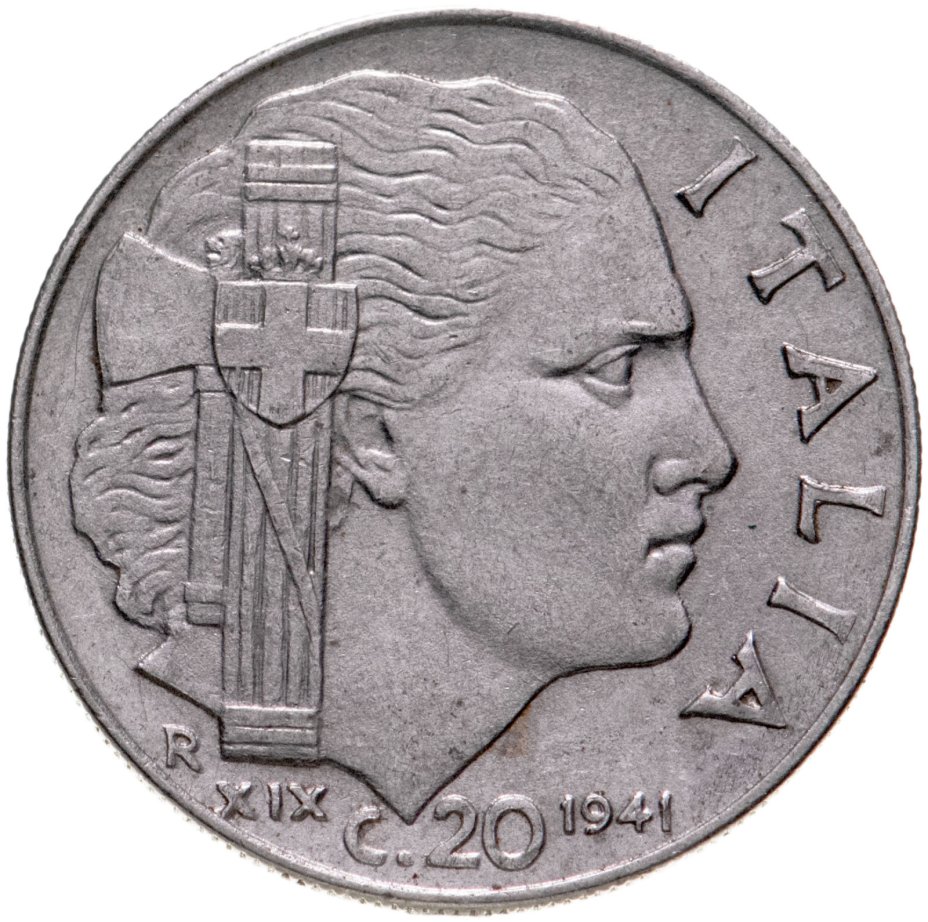Монета фашистская Италия 20 чентезимо 1941 стоимостью 490 руб.