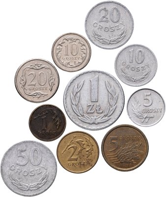 купить Польша набор из 10 монет 1, 2, 5, 10, 20, 50 грошей, 1 злотый 1949-2012