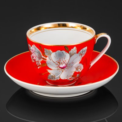 купить Пара чайная "Мальва" (большая) с дарственной "Участнику Великой Отечественной войны в день 30-летия Победы 1945-1975", фарфор, крытье, роспись, золочение, Барановский фарфоровый завод, СССР, 1975 г.