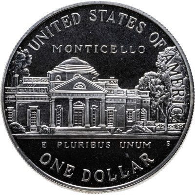купить США 1 доллар (dollar) 1993 S Jefferson (250 лет со дня рождения Томаса Джефферсона) знак монетного двора "S" - Сан-Франциско