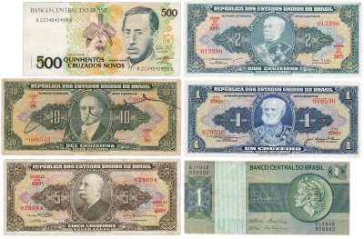 купить Бразилия набор из 6 банкнот 1, 2, 5, 10 крузейро и 500 новых крузадо 1944-1990