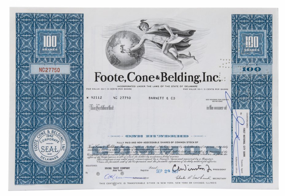 купить Акция США Foote, Cone & Belding, Inc., 1967 г.