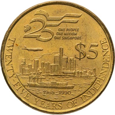 купить Сингапур 5 долларов (dollars) 1990 "25 лет Независимости"