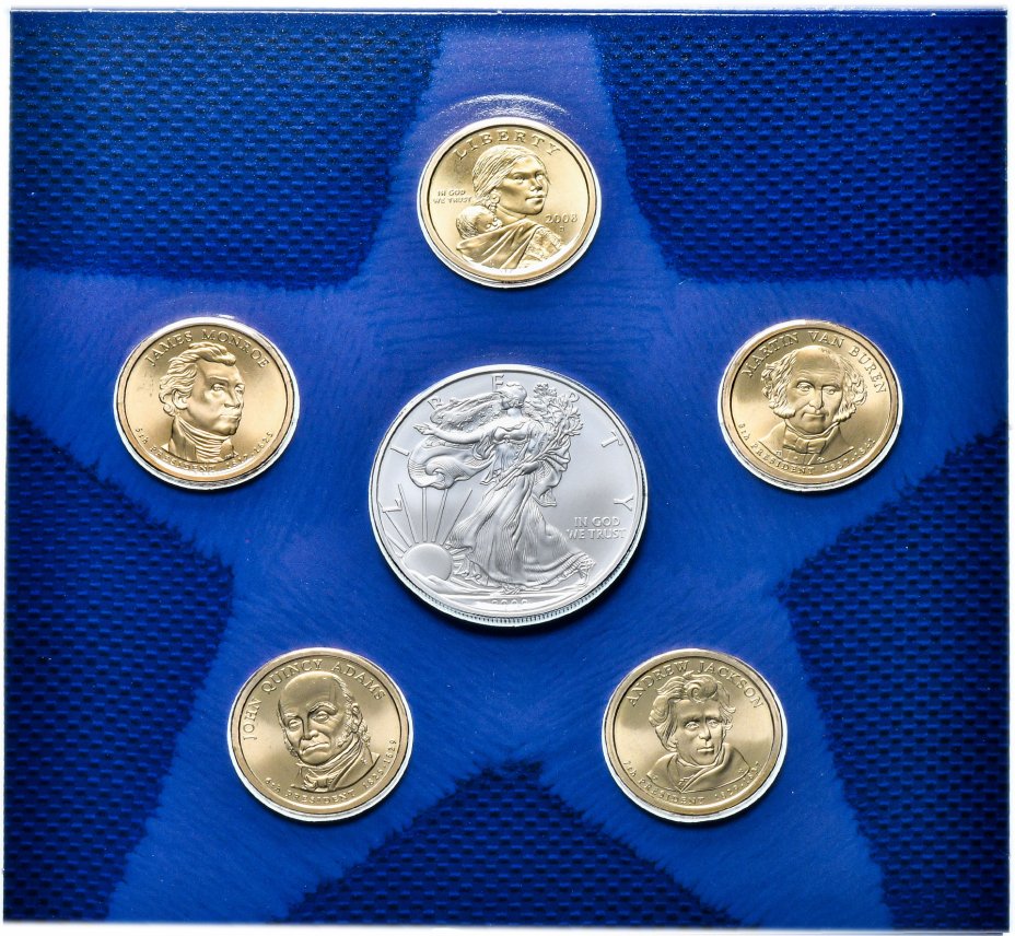 купить США годовой набор монет 1 доллар 2008 (6 монет, UNC в официальном буклете), включая серебряную "Шагающая свобода"