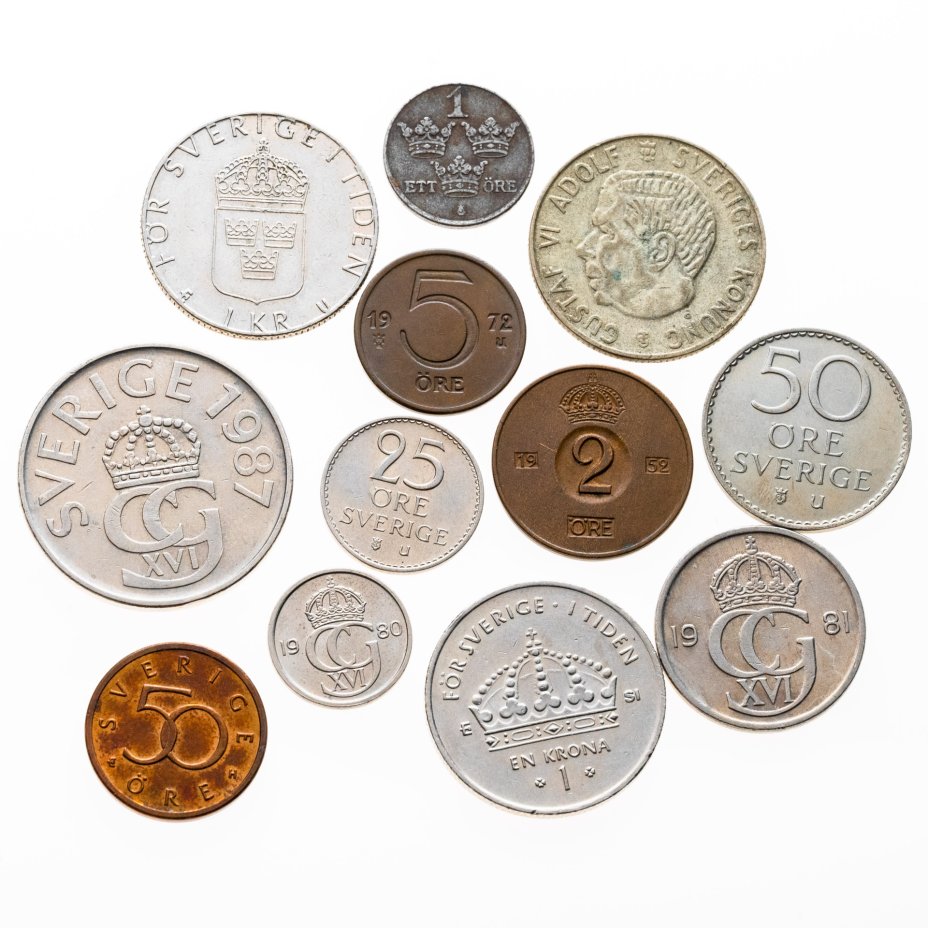 Купить Швеция набор из 12 монет 1, 2, 5, 10, 25, 50 эре (ore) , 1, 5 крон 1947-2007