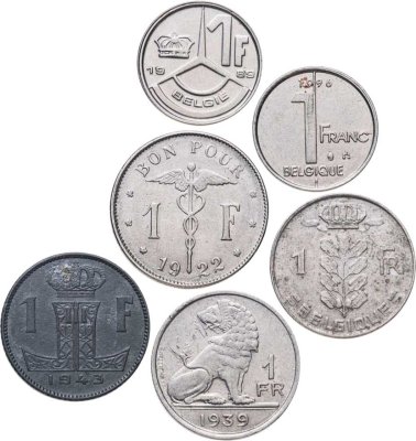 купить Бельгия набор из 6 монет 1 франк (franc) 1922-1996