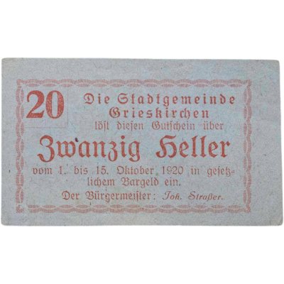 купить Австрия, нотгельды, Грискирхен 20 геллеров 1920