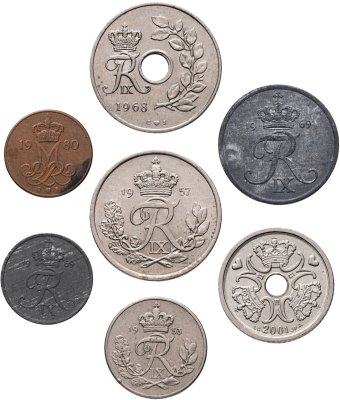 купить Дания набор из 7 монет 1, 2, 5, 10, 25 эре и 1 крона 1953-2007