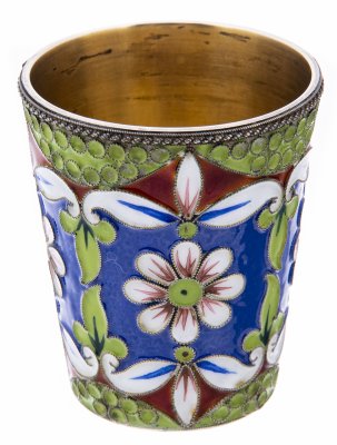 Купить Стопка с эмалевым изображением цветов, серебро 916 пр., эмали, Ленинградская ювелирная фабрика, СССР, 1956 г.