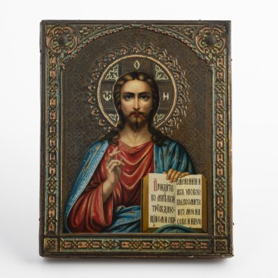 Купить Икона "Господь Вседержитель", дерево, хромолитография по жести, ткань, Фабрика «Жако и Бонакер», Российская империя, 1890-1917 гг.