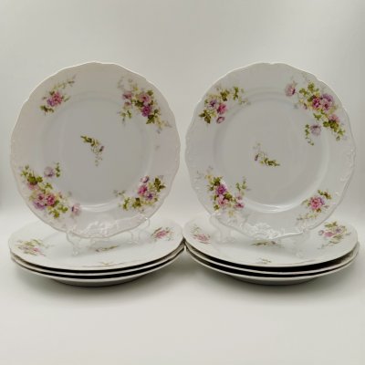 купить Набор из 8-ми обеденных тарелок с цветочным декором и рокайлями, фарфор, деколь с подрисовкой, Фабрика князя Друцкого-Любецкого в Цмелеве, Российская империя, 1887-1917 гг.