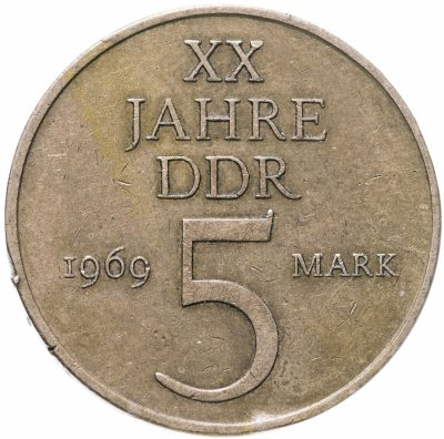 купить Германия (ГДР) 5 марок 1969 "20 лет образования ГДР" (Никелевая латунь, жёлтый цвет)