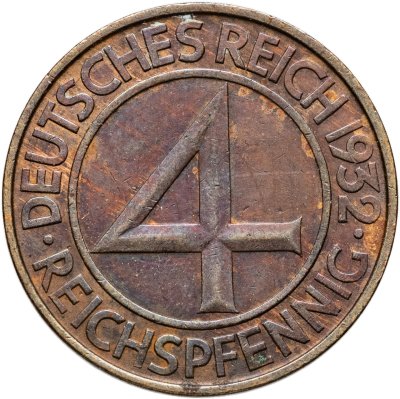 купить Германия 4 рейхспфеннига (reichspfennig) 1932, знак монетного двора "D" — Мюнхен
