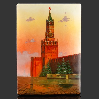 купить Шкатулка "Кремль" с олимпийской символикой, автор росписи Власова, папье-маше, роспись, лак, Федоскинская фабрика миниатюрной живописи (Федоскино), СССР, 1980 г.