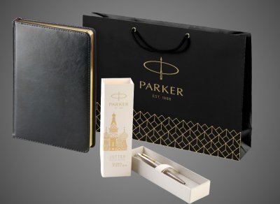 Купить Подарочный набор: Шариковая ручка Parker Jotter Russia Steel GT и Ежедневник недатированный черный золотой срез, Кожа и мех: искусственная кожа, латунь, нержавеющая сталь, 2026 г.