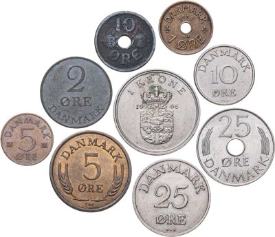купить Дания набор из 9 монет 1, 2, 5, 10, 25 эре и 1 крона 1934-1980