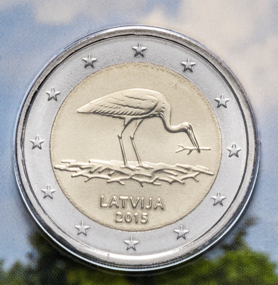 купить Латвия 2 евро 2015 Аист BU, в блистере