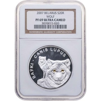 купить Беларусь 20 рублей 2007 "Защита окружающей среды - Волк" в слабе NGC PF69