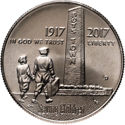 купить США 50 центов (1/2 доллара, half dollar) 2017 D 100 лет организации "Boys Town" знак монетного двора: "D" - Денвер в футляре