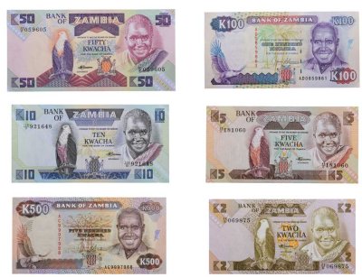 купить Замбия набор из 6 банкнот 2, 5, 10, 50, 100, 500 квача 1980-1988