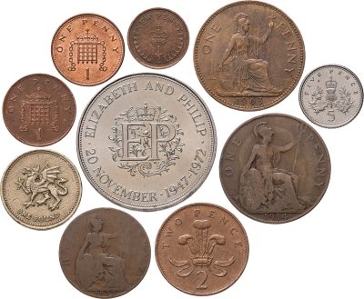 купить Великобритания набор 10 монет 1/2, 1 пенни (penny), 2, 5, 25 пенсов (pence), 1 фунт 1914-2004