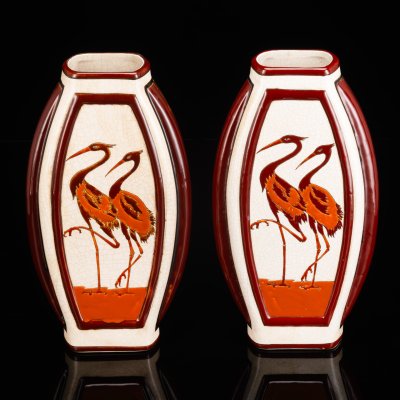 купить Парные вазы в стиле Art Deco, украшенные изображением цапель, Keralouve La Louviere, фаянс, кракле, эмали, Бельгия, 1930-1950 гг.