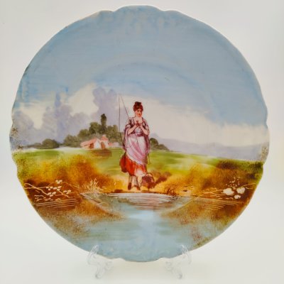 купить Тарелка декоративная с изображением девушки на рыбалке, Leon Sazerat, фарфор, деколь, роспись, Limoges, Франция, 1890-1906 гг.