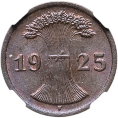купить Германия 2 рейхс пфеннига 1925 монетный двор "F" - Штутгарт в слабе ННР MS64