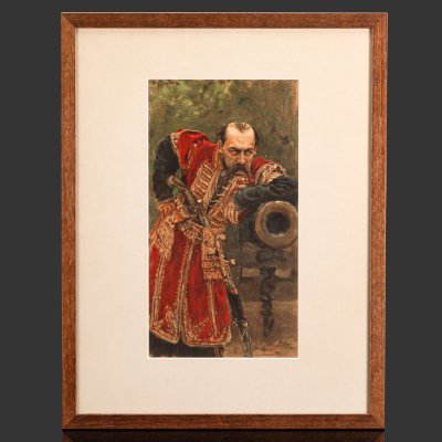 купить Хромолитография по картине "Гетман" в раме, автор картины И.Е. Репин, Артистическое заведение А.Ф. Маркса, бумага, печать, картон, стекло, Российская империя, 1893 г.