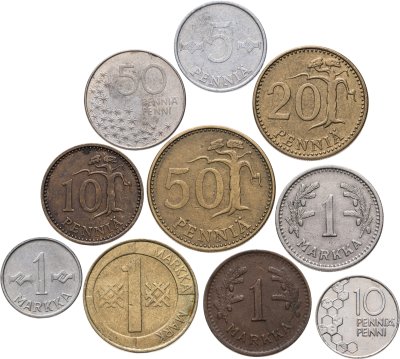 купить Финляндия набор из 10 монет 5, 10, 20, 50 пенни и 1 марка 1933-1999