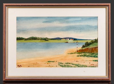 купить Картина "Летний пейзаж с рекой" (название условное), оформленная в паспарту и раму, неизвестный художник, бумага, акварель, СССР, 1969 г.