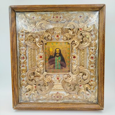 купить Икона "Святой Феодосий Кавказский" в киоте, дерево, бумага, печать, Россия, 1980-2000 гг.