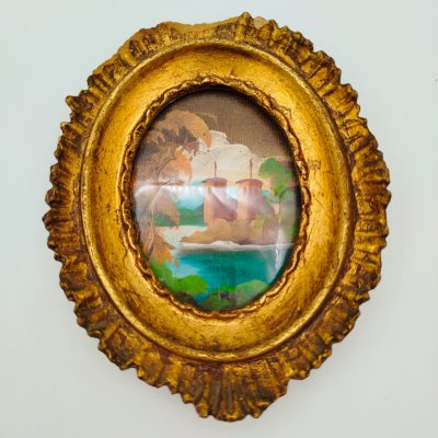 купить Картина (миниатюра) "Пейзаж с замком" в раме, холст на картоне, масло, композитный материал, стекло, Европа, 1950-1980 гг.