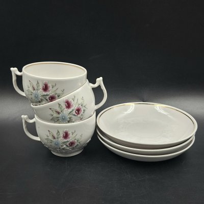 купить Набор из трех чайных пар с цветочным декором, фарфор, деколь, золочение, Дмитровский фарфоровый завод (ДФЗ Вербилки), СССР, 1965-1990 гг.