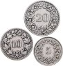 Купить Швейцария набор из 3 монет 5, 10, 20 раппенов (rappen) 1882, 1883, 1928