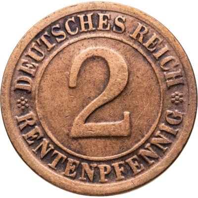 купить Германия 2 пфеннига (рентенпфеннига, rentenpfennig) 1924 F знак монетного двора "F" — Штутгарт