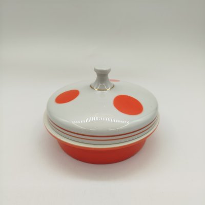 купить Масленка округлой формы с геометрическим декором, фарфор, деколь, золочение, крытье, Довбышский фарфоровый завод (Довбыш), СССР, 1957-1970 гг.