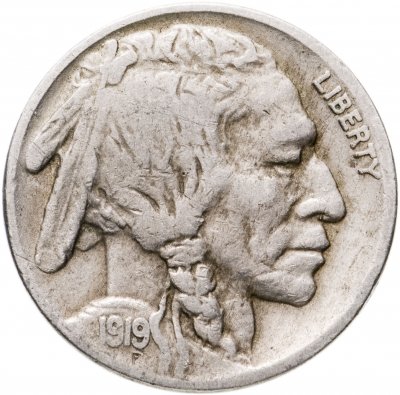 купить 5 центов (cents) 1919 Buffalo Nickel (буффало) без обозначения монетного двора