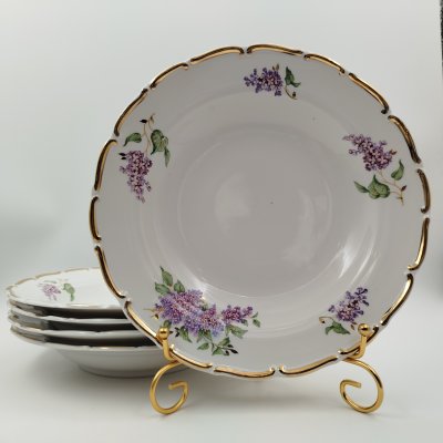 купить Набор из пяти суповых тарелок "Сирень", фарфор, деколь, золочение, Дулевский фарфоровый завод (Дулёво), СССР, 1960 г.
